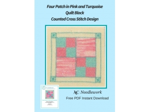 Four Patch in Pink and Turquoise Quilt Block Counted Cross Stitch Design
